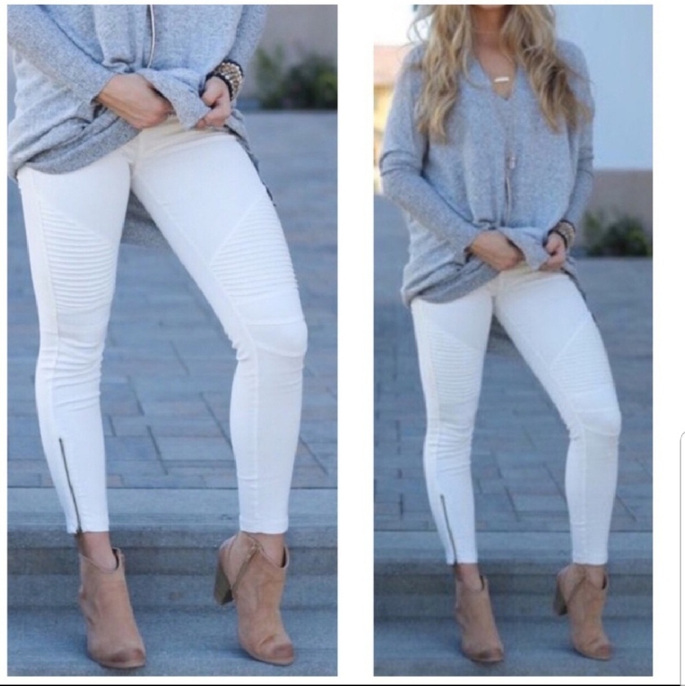 White Moto Biker Leggings W/Ankle Zipper